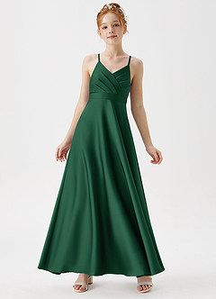 Azazie Avelina Junior Dark Green A-Line Pleated Stretch Satin Dress image1