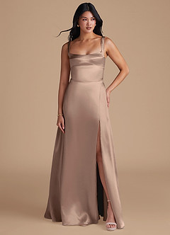 Azazie Hope Bridesmaid Dresses Taupe A-Line with Pockets Metallic Satin Dress image5