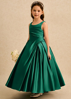 Azazie Audrey Flower Girl Dresses Emerald A-Line Pleated Matte Satin Dress image3