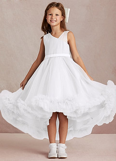 Azazie Lottie Flower Girl Dresses White A-Line One Shoulder Satin Dress image1