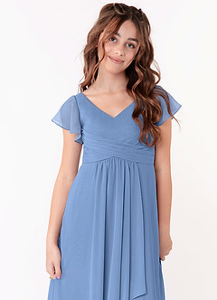 Azazie Omari Steel Blue A-Line Ruched Chiffon Dress image4
