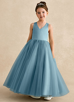Azazie Peanut Blumenmädchenkleider A-Linie Riemen Tüll Kleid Stimmungsvolles Blau image4