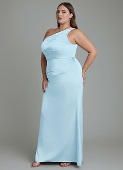 Azazie Akilah At-home Try On Dresses Sky Blue Mermaid One Shoulder Stretch Satin Dress image11