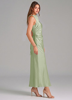 Azazie Evadne 신부 들러리 드레스 쉬스 주름진 스트레치 새틴 발목 길이 드레스 image4