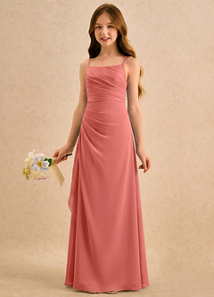 Azazie Cannoli Girls Formal Robe Demoiselle D'honneur Fillette Robe Trapèze en Mousseline de soie Plissé Rose Saumon image3