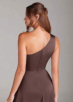 Azazie Brooke Bridesmaid Dresses Ganache A-Line One Shoulder Stretch Satin Dress image2