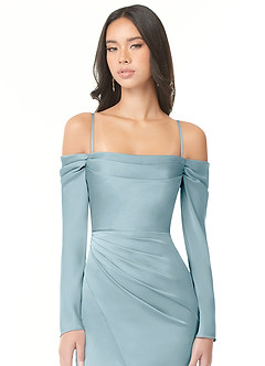 Azazie Hallie Bridesmaid Dresses Moody Blue Sheath Off-The-Shoulder Long Sleeve Stretch Satin Convertible Dress image2