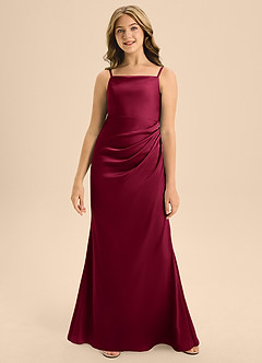 Azazie Renna Junior Burgundy A-Line Pleated Stretch Satin Dress image4