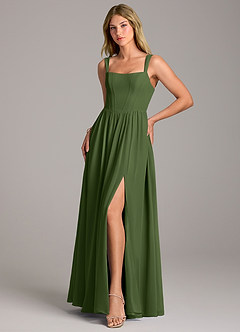 Azazie Rosaline Bridesmaid Dresses Olive A-Line Side Slit Chiffon Dress image3