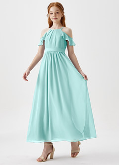 Azazie Chaya Junior Aqua A-Line Off the Shoulder Chiffon Dress image5