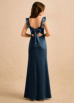 Azazie Novalie Girls Formal Flower Girl Dresses Dark Navy Mermaid Bow Stretch Satin Dress image1