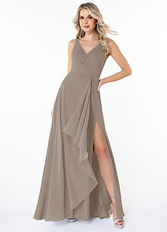 Azazie Calvi Bridesmaid Dresses Taupe A-Line Ruched Chiffon Dress image4