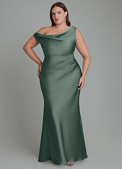 Azazie Emerson Bridesmaid Dresses Sea Moss Mermaid Off the Shoulder Stretch Satin Dress image8