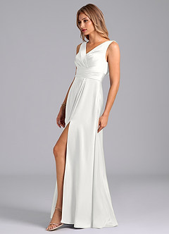 Azazie Karina Bridesmaid Dresses White A-Line Pleated Stretch Satin Dress image3