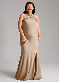 Azazie Lorena Bridesmaid Dresses Taupe Mermaid Pleated Stretch Satin Dress image9