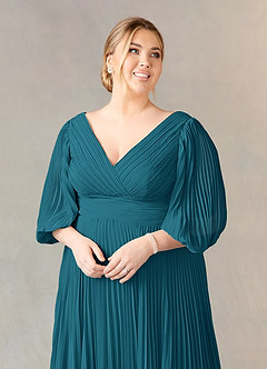Azazie Zahara Mother of the Bride Dresses Ink Blue A-Line V-Neck Pleated Chiffon Dress image11