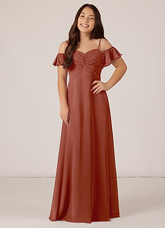 Azazie Juna Junior Robe Trapèze en Mousseline de soie Épaule décolletée Auburn image1