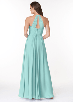 Azazie Ginger Bridesmaid Dresses Aqua A-Line Halter Pleated Chiffon Dress image4