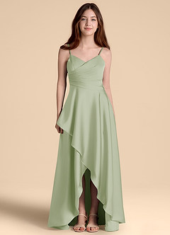 Azazie Prisha Junior Robe Trapèze en Satin extensible Plissée Vert Sauge image5