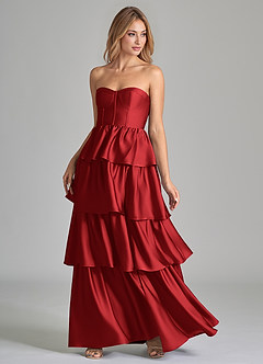 Azazie Faye Bridesmaid Dresses Pomegranate A-Line Ruched Stretch Satin Dress image6