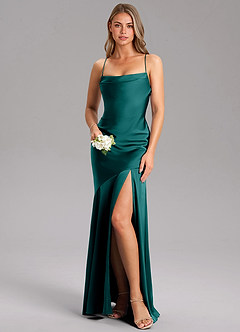 Azazie Grata Bridesmaid Dresses Peacock Sheath Side Slit Stretch Satin Dress image1