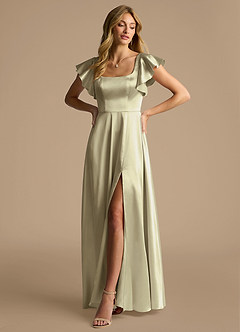 Azazie Bondi Bridesmaid Dresses Moss Green A-Line Bow Metallic Satin Dress image4