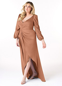 Azazie Mel Bridesmaid Dresses Bronzer Sheath Long Sleeve Stretch Satin Dress image9