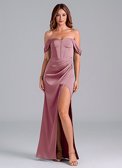 Azazie Asha Bridesmaid Dresses Vintage Mauve Sheath Off the Shoulder Stretch Satin Convertible Dress image1