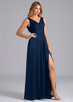 Azazie Karina Bridesmaid Dresses Dark Navy A-Line Pleated Stretch Satin Dress image5
