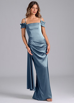 Azazie Kalysia Bridesmaid Dresses Dusty Blue Mermaid Off the Shoulder Stretch Satin Convertible Dress image4