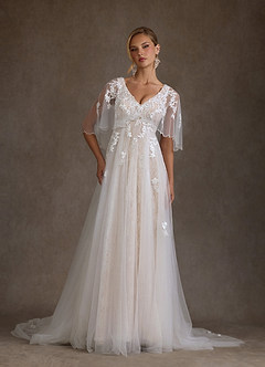 Azazie Renesmee Vestidos de novia Vestido Blanco Diamante Champán de Tul de Línea A con Lentejuelas image1