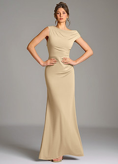 Azazie Nazanin Bridesmaid Dresses Champagne Mermaid Off the Shoulder Premium Stretch Jersey Dress image1