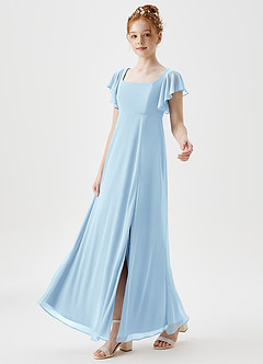 Azazie Bondi Junior Sky Blue A-Line Side Slit Mesh Dress image6