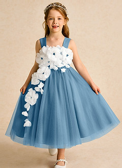 Azazie Dovey Abiti da Ragazza di Fiori Abito Principessa in Tulle Fiocco Blu Acciaio image1