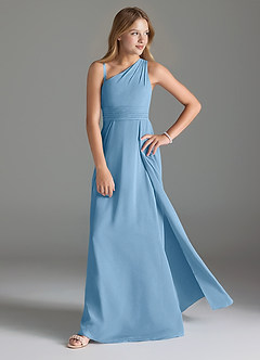Azazie Dallas Junior Steel Blue A-Line Pleated Chiffon Dress image3