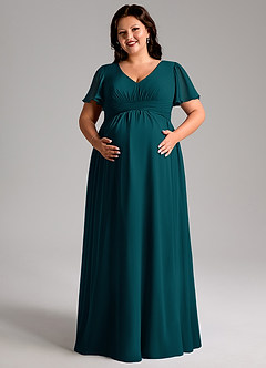 Azazie Verna vestidos de dama de honor de maternidad Vestido de Corte En A Cuello en V fruncido Hasta el suelo Gasa image11