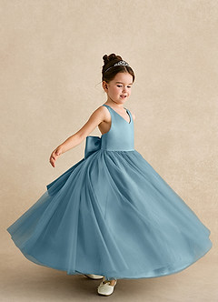 Azazie Peanut Blumenmädchenkleider A-Linie Riemen Tüll Kleid Stimmungsvolles Blau image5