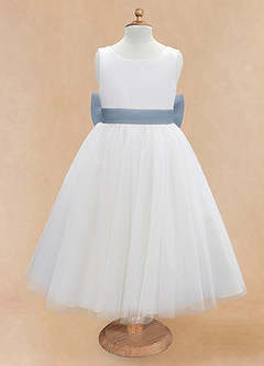 Azazie Kavi Flower Girl Dresses Ivory Dusty Blue A-Line Bow Matte Satin Dress image7