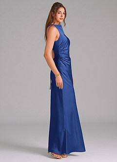 Azazie Evadne Bridesmaid Dresses Royal Blue Sheath Pleated Stretch Satin Dress image4