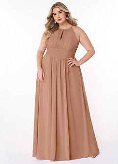Azazie Bonnie Vestidos de damas de honor Vestido de Champán Rosado de Gasa de Corte en A con Cuello de pico fruncido image6