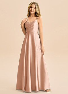 Azazie Rumi Junior Abito A-Line in Raso Elasticizzato Plissettato Oro Rosa image3