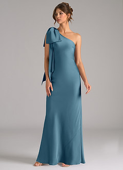 Azazie Capri Probar vestidos en casa Vestido de Salvia Polvorienta de Satén Elástico de Corte Sirena con Hombro unilateral image4