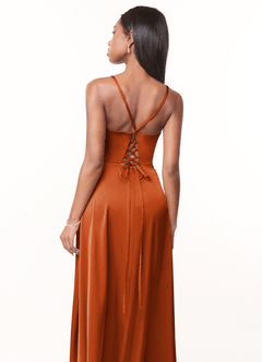 Azazie Maksim Vestidos de damas de honor Vestido de Naranja Quemada de Satén Elástico de Corte en A con Cuello en V image3