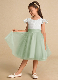 Azazie Vetty Flower Girl Dresses Ivory Dusty Sage A-Line Lace Tulle Dress image4