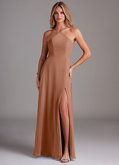 Azazie Bailey Bridesmaid Dresses Bronzer A-Line Halter Side Slit Chiffon Dress image1