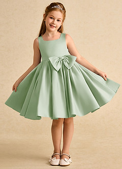 Azazie Jessie Robe Demoiselle D'honneur Fillette Robe Trapèze en Mat Satiné Arc Vert Sauge image2