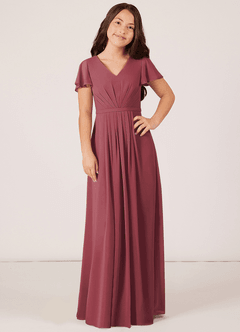 Azazie Peony Junior Merlot A-Line Pleated Chiffon Dress image1