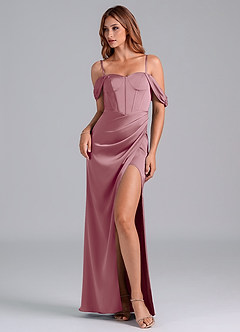 Azazie Asha Bridesmaid Dresses Vintage Mauve Sheath Off the Shoulder Stretch Satin Convertible Dress image6