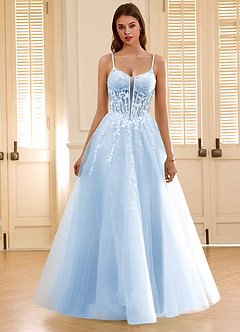 Violettamay Cielo Azul Vestido de fiesta de encaje transparente con corsé y diamantes de imitación image3