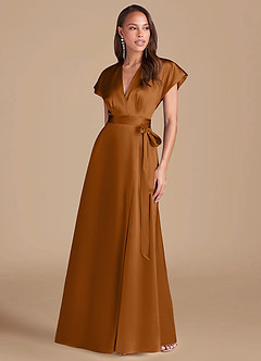 Azazie Nico Robes de demoiselle d'honneur Robe Trapèze en Satiné métallisé Plissée Cuivre image1